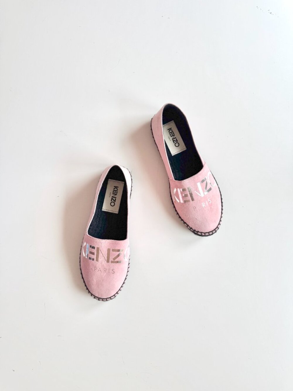 KENZO Paris Rose Clair Pink Suede Silver Logo Espadrille Flats, Size 36